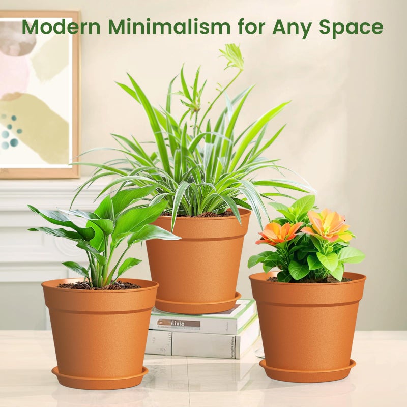 SwinDuck 10 Pack 6 Inch Plant Pots with Drainage and Saucers, Plastic Flower Pots for Indoor and Outdoor Plants, Stackable Nursery Planters for Houseplants and Herbs, Terracotta - Image 3