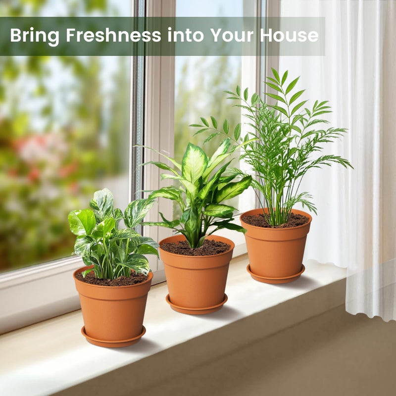 SwinDuck 10 Pack 6 Inch Plant Pots with Drainage and Saucers, Plastic Flower Pots for Indoor and Outdoor Plants, Stackable Nursery Planters for Houseplants and Herbs, Terracotta - Image 2