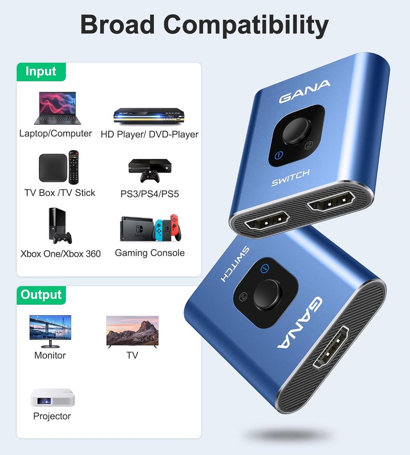 GANA HDMI Switch 4k@60hz Splitter, Aluminum Bidirectional HDMI Switcher 2 in 1 Out, Manual HDMI Hub Supports HD Compatible with Xbox PS5/4/3 Blu-Ray Player Fire Stick Roku - Image 2