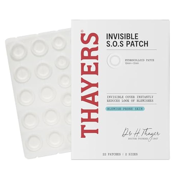 THAYERS Invisible S.O.S Hydrocolloid Acne Pimple Patch, Ultra-Thin Design Instantly Reduces Look of Blemishes, Set of 22 Pimple Patches - Image 1