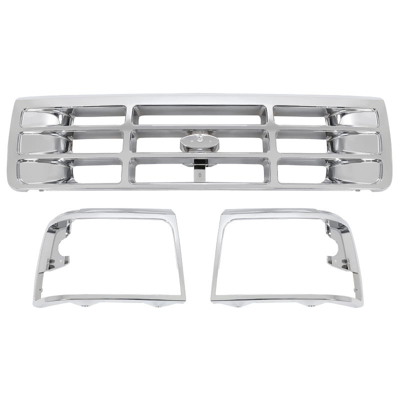 ALMULOO Grille & Headlight Bezel Silvery Compatible with 1992-1996 Ford Bronco F150 F250 1997 F350 & 1997 F250HD F350 Front Grill Lamp Cover Plastic(ABS) Replacement for FO1200173 FO2512130 FO2513131 - Image 1