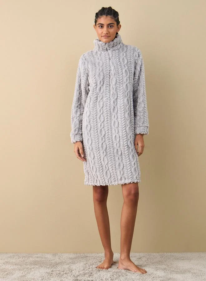 Splash FAV Textured Long Sleeves Sleepshirt with Half Zip Closure