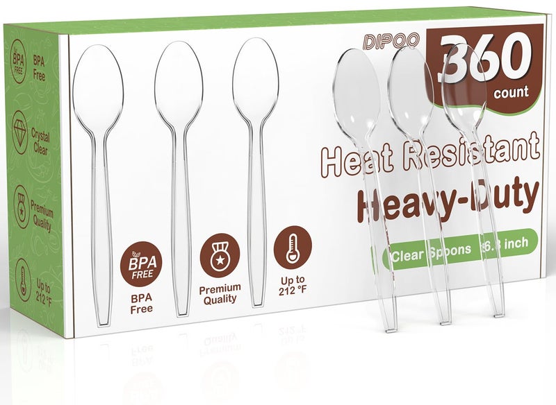 Dipoo 360pc 6.8" Clear Plastic Spoons Heavy Duty with Heat Resistant & BPA Free, Solid and Durable Plastic Cutlery, Premium Disposable Spoons for Party Supply - Image 1