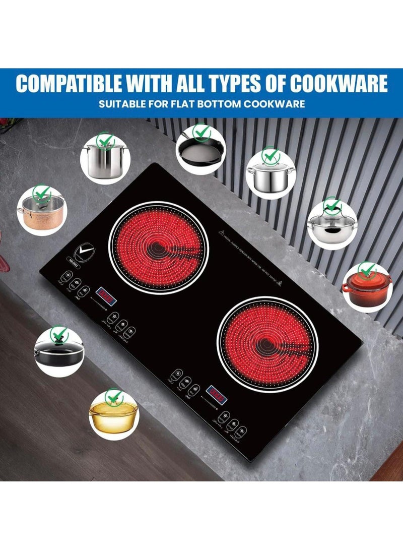 Double Burner Infrared Cooker - 4 Digit LED Display, Multi-Stage Power Settings, Knob & Touch Control, Portable & Compact with Automatic Safety Switch 3000W  - Image 3