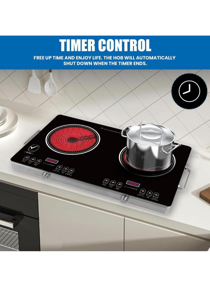 Double Burner Infrared Cooker - 4 Digit LED Display, Multi-Stage Power Settings, Knob & Touch Control, Portable & Compact with Automatic Safety Switch 3000W  - Image 5