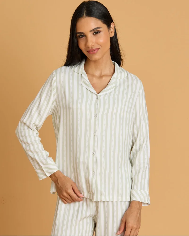 REDTAG Women Ivory Striped Long Sleeve Pyjama Set
