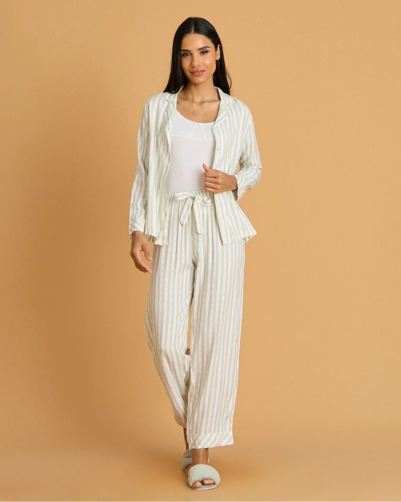 REDTAG Women Ivory Striped Long Sleeve Pyjama Set