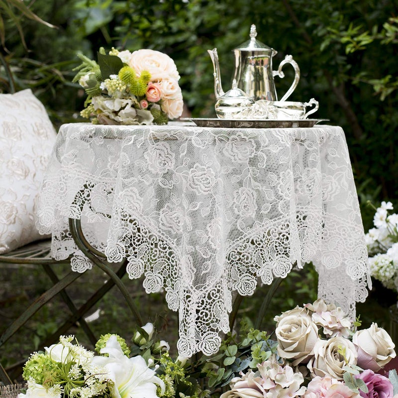SUTAVIA Lace Tablecloth Embroidered Lace Table Cover for Square Small Table Classic Dustproof Table Protector for Kitchen Dining Room Party Wedding Banquet Home Decoration (Offwhite  33""?33"") - Image 1
