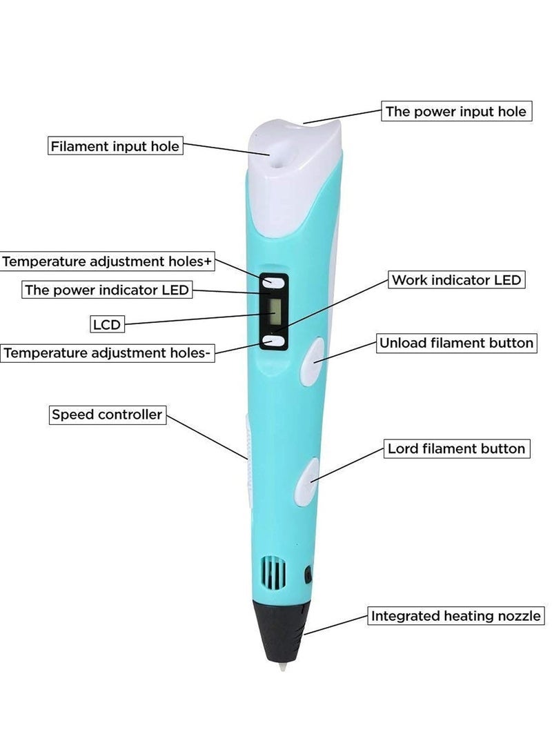 ELTRAZONE 3D Printing Pen with Display – 3D Pen 2 Kit for Drawing and Designing with 3 Starter PLA Filament Colors, Charger, Project Guide – Educational DIY Art Tool with Sealed Nozzle, Adjustable Speed, and Heat Control – Perfect Gift for Creative Kids in Blue - Image 3