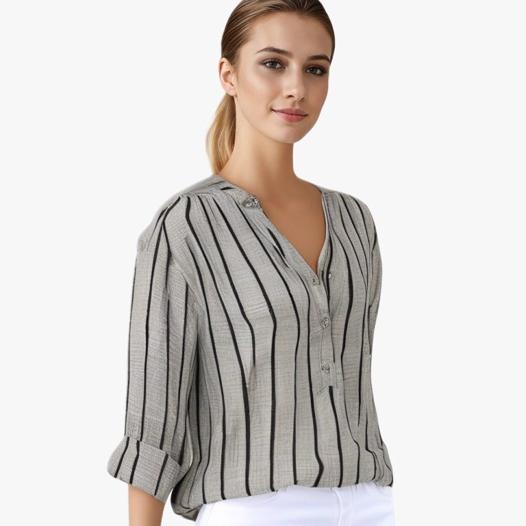 Women's Striped Shirt Loose Long Sleeve Half Placket Button Up Top - Image 5