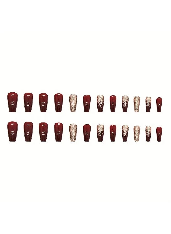 Ucanbe 24pcs Burgundy Glitter Press-On Nails – Medium-Length Wearable Nail Tips with Sparkling Gold Dust - Image 3