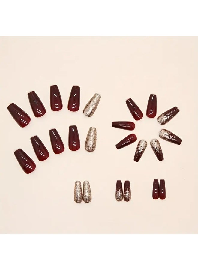 Ucanbe 24pcs Burgundy Glitter Press-On Nails – Medium-Length Wearable Nail Tips with Sparkling Gold Dust - Image 4