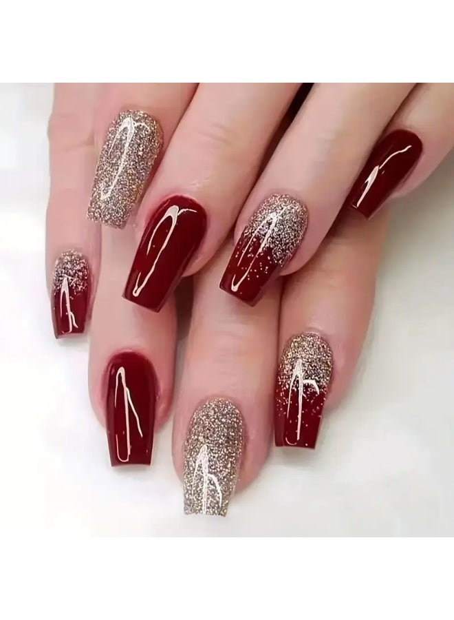 Ucanbe 24pcs Burgundy Glitter Press-On Nails – Medium-Length Wearable Nail Tips with Sparkling Gold Dust - Image 1