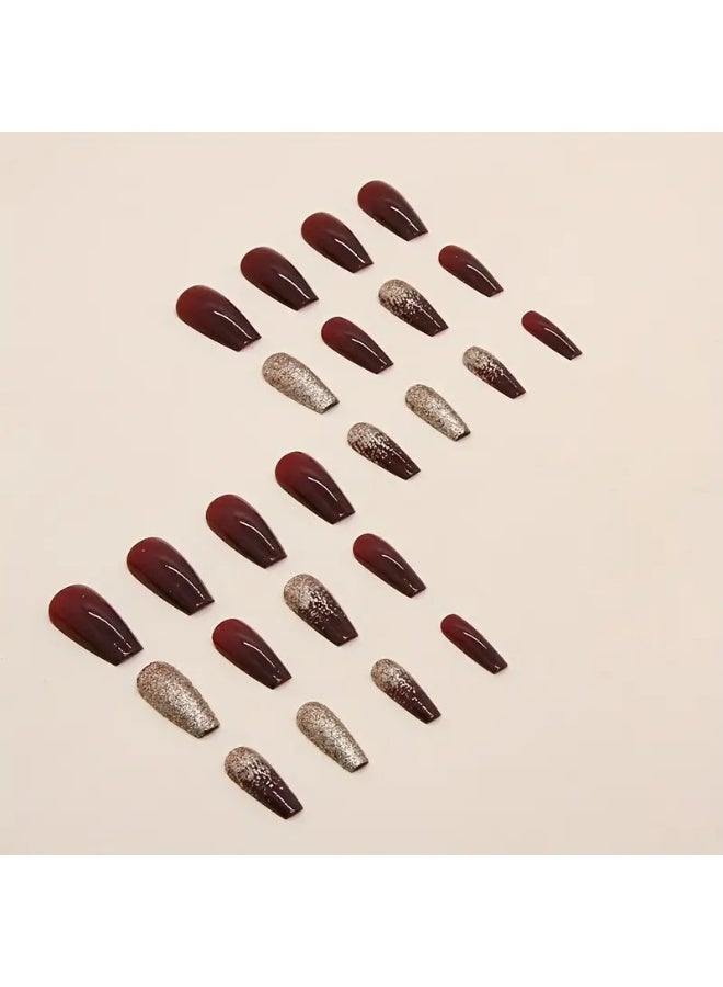 Ucanbe 24pcs Burgundy Glitter Press-On Nails – Medium-Length Wearable Nail Tips with Sparkling Gold Dust - Image 2