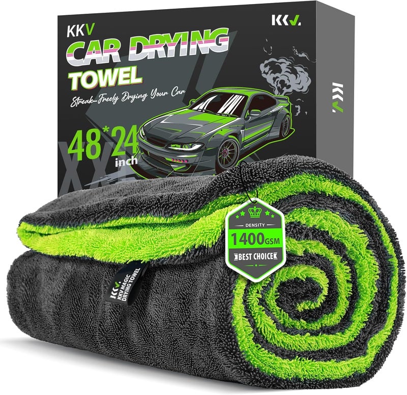 KKV Full-Sized SUV Drying Towel, 48”x24” Dual Sided Microfiber Car Cleaning Towel with Twisting Yarn Technique, 1400GSM Super Absorbent, Scratch-Free, Machine Washable (Darkgray-GreenYellow) - Image 1