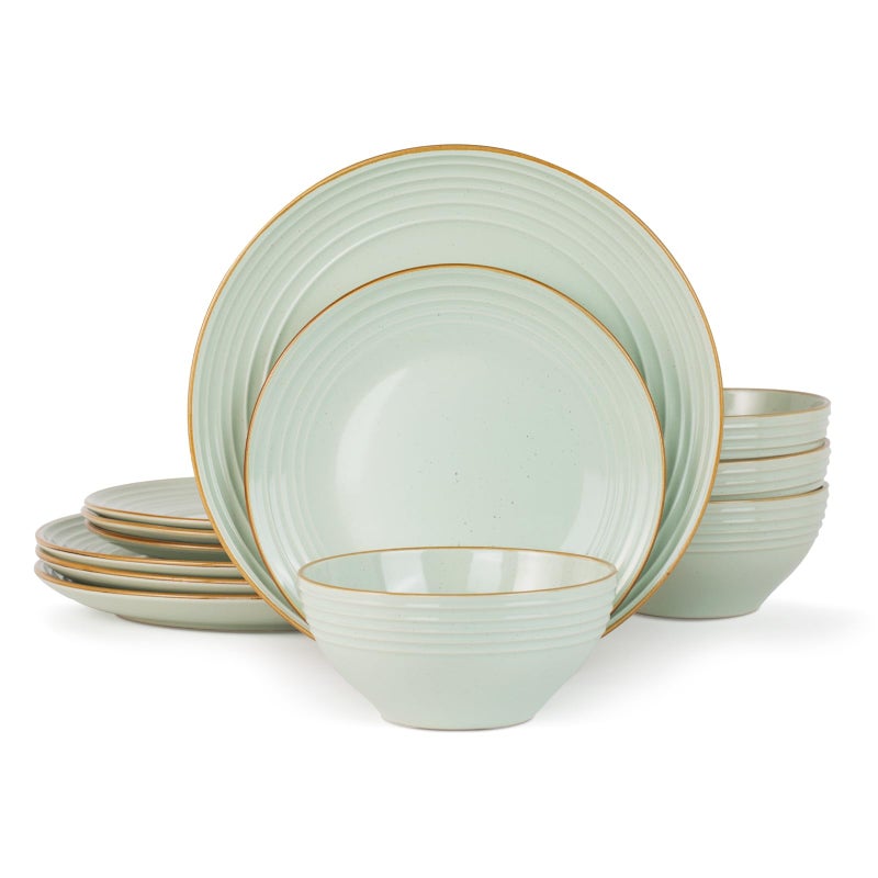 Famiware Jupiter 12-Piece Stoneware Dinnerware Set, Handcrafted Plates and Bowls with Speckles & Embossed Swirls, Chip/Scratch Resistant, Microwave/Dishwasher Safe, Modern Dishes, Service for 4, Green - Image 1