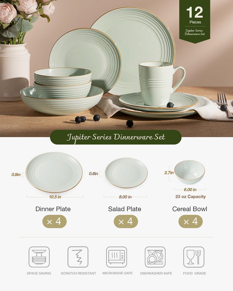 Famiware Jupiter 12-Piece Stoneware Dinnerware Set, Handcrafted Plates and Bowls with Speckles & Embossed Swirls, Chip/Scratch Resistant, Microwave/Dishwasher Safe, Modern Dishes, Service for 4, Green - Image 4