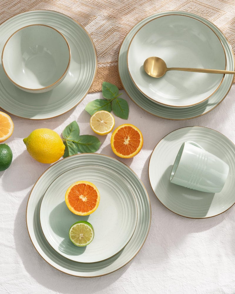 Famiware Jupiter 12-Piece Stoneware Dinnerware Set, Handcrafted Plates and Bowls with Speckles & Embossed Swirls, Chip/Scratch Resistant, Microwave/Dishwasher Safe, Modern Dishes, Service for 4, Green - Image 3