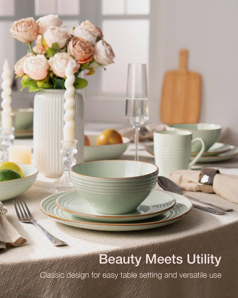 Famiware Jupiter 12-Piece Stoneware Dinnerware Set, Handcrafted Plates and Bowls with Speckles & Embossed Swirls, Chip/Scratch Resistant, Microwave/Dishwasher Safe, Modern Dishes, Service for 4, Green - Image 2