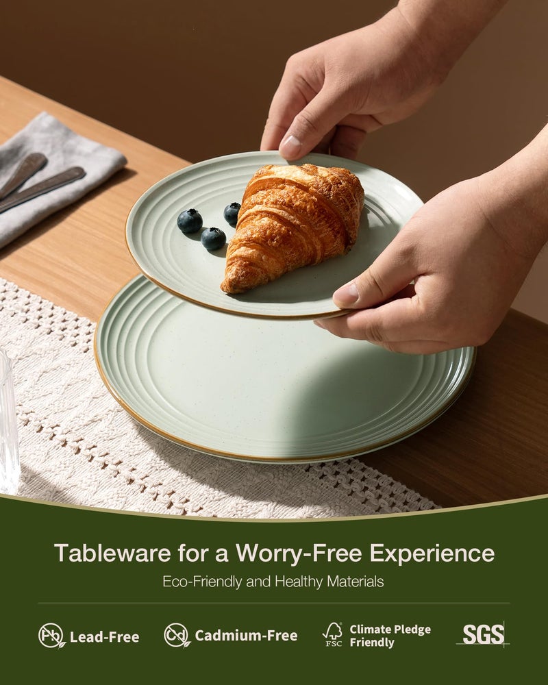 Famiware Jupiter 12-Piece Stoneware Dinnerware Set, Handcrafted Plates and Bowls with Speckles & Embossed Swirls, Chip/Scratch Resistant, Microwave/Dishwasher Safe, Modern Dishes, Service for 4, Green - Image 5