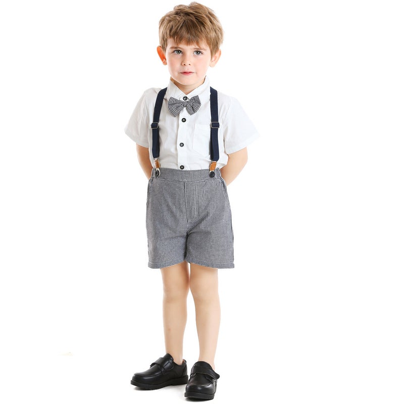 3-year-old baby boy suit houndstooth suspender shorts lapel short sleeve dress spring and summer Korean style one-piece delivery White 