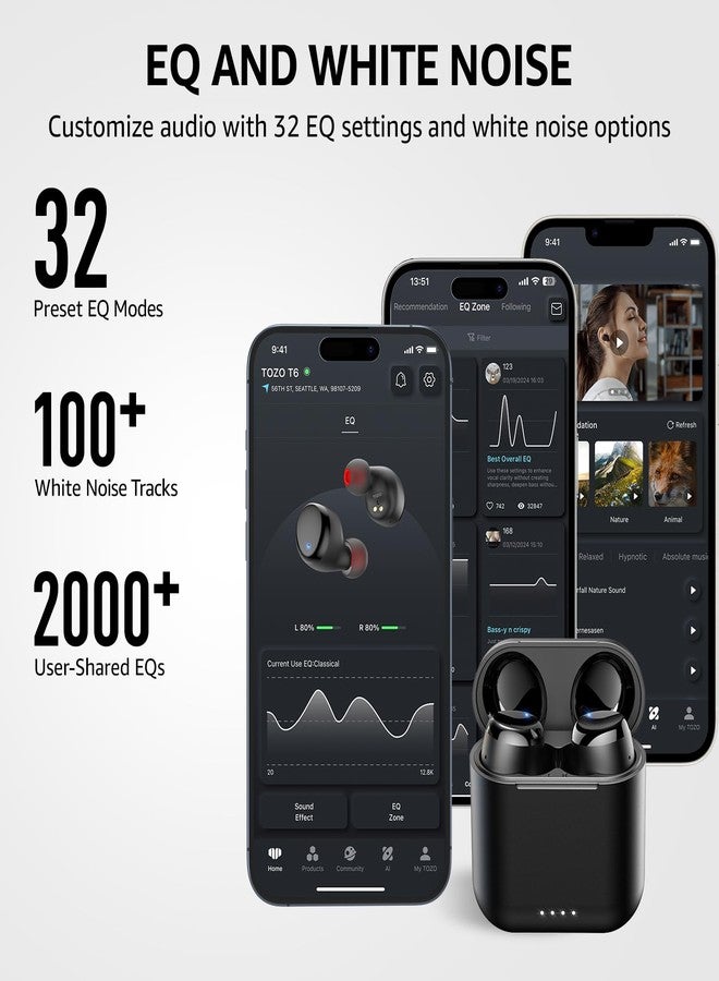 TOZO سماعات أذن لاسلكية TOZO T6، سماعات بلوتوث 5.3، صوت ستيريو في سماعات الأذن، 50 ساعة من وقت التشغيل، علبة شحن لاسلكية، EQs قابلة للتخصيص عبر التطبيق، سماعات أذن مقاومة للماء IPX8 - Image 5