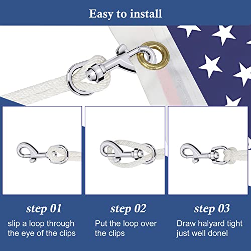 NQ Flag Pole Rope Line Kit-50FT x 1/4"Diameter Nylon Flag Pole Halyard Rope with 4 Pcs Swivel Snap Clips Hooks Fits Flagpole Up to 25FT, Outdoor Flagpole Camping Pet Tent Hardware Accessories (White) - Image 5
