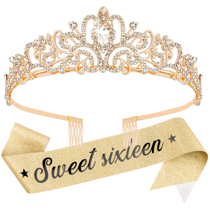 KICOSY Sweet 16 Birthday Crown and Sash for Girls, Sweet 16th Sash and Birthday Tiara Set, Sweet 16 Party Decorations Birthday Accessories for Women, Sweet 16 Gifts for Girls - Image 1