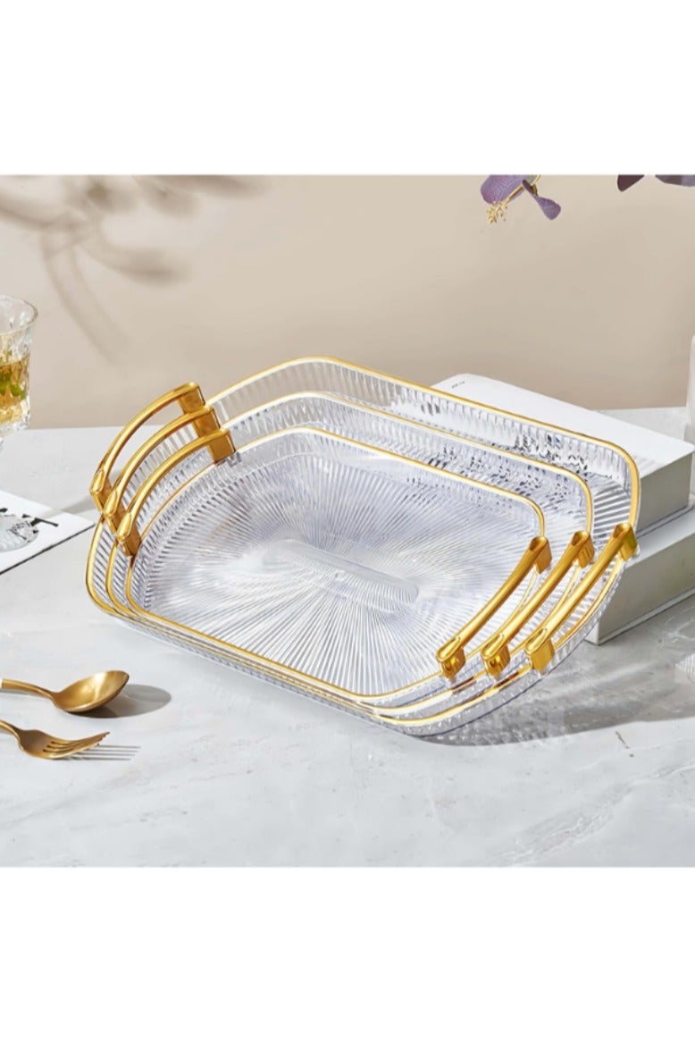 متجر الفرح مجموعة من 3 صواني بلاستيكية شفافة بمقابض مقاس 20/18/15 بوصة صينية تقديم كبيرة للطعام والفواكه والخضروات والخبز والكعك والكوكيز والحفلات - Image 1