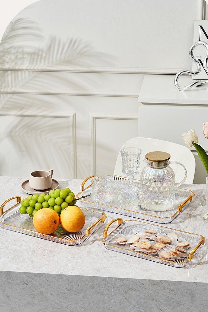 متجر الفرح مجموعة من 3 صواني بلاستيكية شفافة بمقابض مقاس 20/18/15 بوصة صينية تقديم كبيرة للطعام والفواكه والخضروات والخبز والكعك والكوكيز والحفلات - Image 3