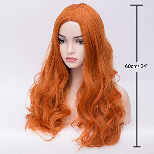 BERON Orange Wig Women Long Wavy Wig Orange Cosplay Costume Wig Center Parted Full Synthetic Wigs Wig Cap Included (Orange) - Image 2