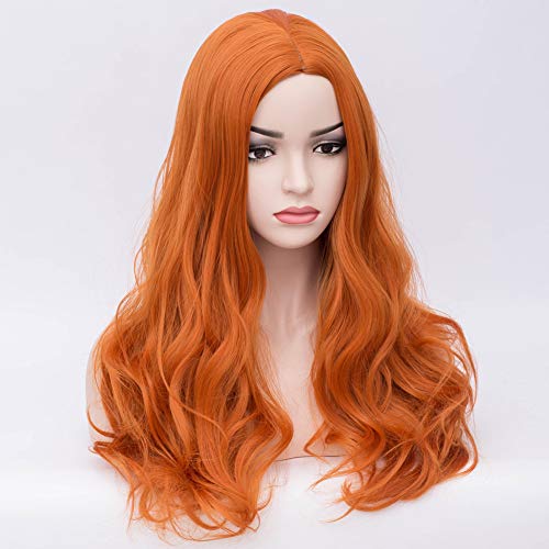 BERON Orange Wig Women Long Wavy Wig Orange Cosplay Costume Wig Center Parted Full Synthetic Wigs Wig Cap Included (Orange) - Image 3