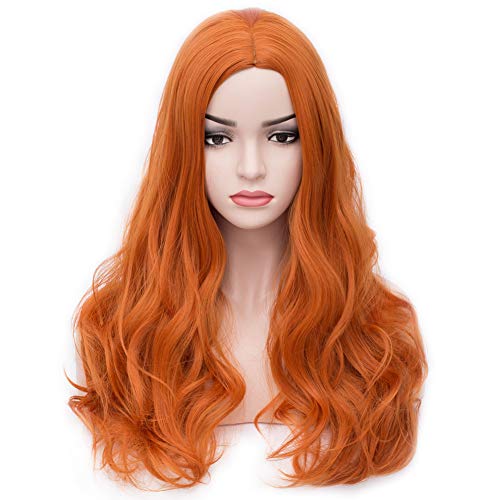 BERON Orange Wig Women Long Wavy Wig Orange Cosplay Costume Wig Center Parted Full Synthetic Wigs Wig Cap Included (Orange) - Image 1