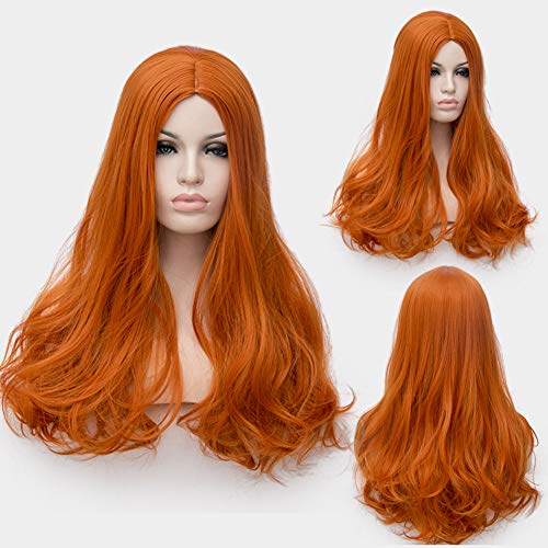 BERON Orange Wig Women Long Wavy Wig Orange Cosplay Costume Wig Center Parted Full Synthetic Wigs Wig Cap Included (Orange) - Image 5