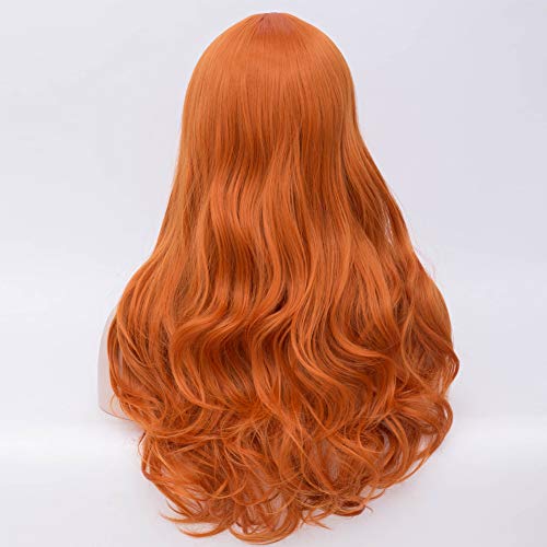 BERON Orange Wig Women Long Wavy Wig Orange Cosplay Costume Wig Center Parted Full Synthetic Wigs Wig Cap Included (Orange) - Image 4