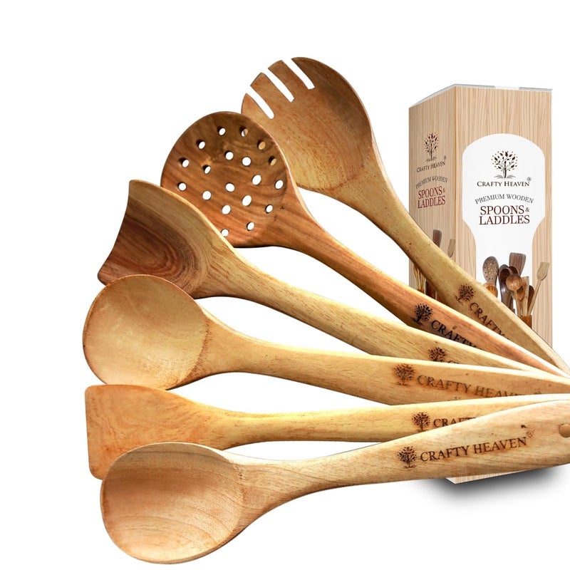 CRAFTY HEAVEN Wooden Spoon Set for Cooking Natural Neem Wood Lakdi Chamach Set Handmade Kitchen Utensils Include Frying Serving Spatula Chapati Rice Spoons Ideal for Gifting Set of 6 - Image 1