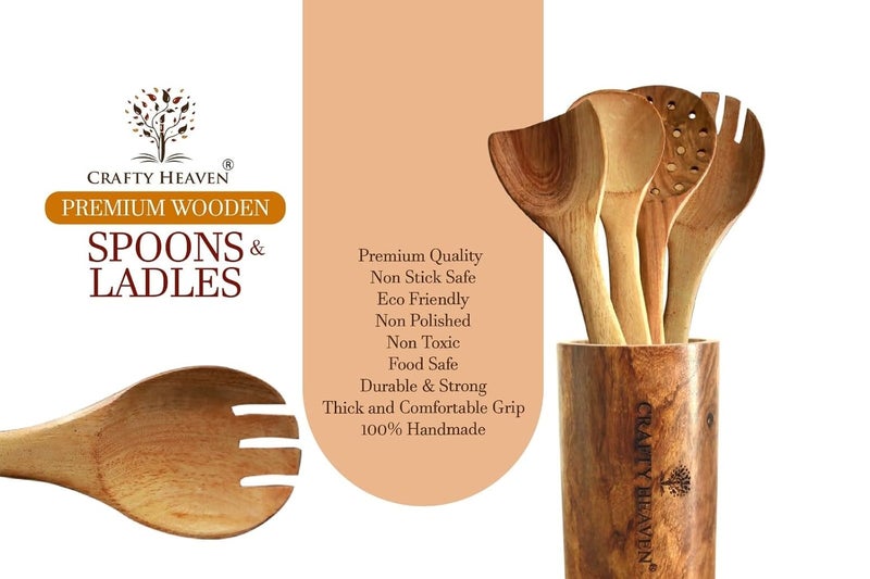 CRAFTY HEAVEN Wooden Spoon Set for Cooking Natural Neem Wood Lakdi Chamach Set Handmade Kitchen Utensils Include Frying Serving Spatula Chapati Rice Spoons Ideal for Gifting Set of 6 - Image 5