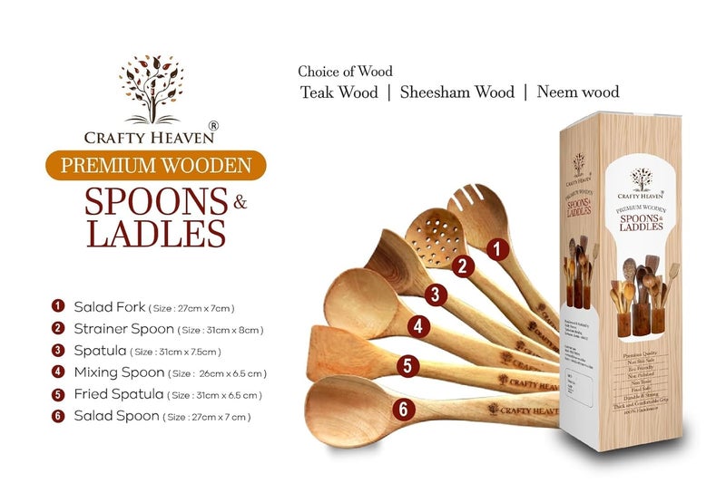 CRAFTY HEAVEN Wooden Spoon Set for Cooking Natural Neem Wood Lakdi Chamach Set Handmade Kitchen Utensils Include Frying Serving Spatula Chapati Rice Spoons Ideal for Gifting Set of 6 - Image 2