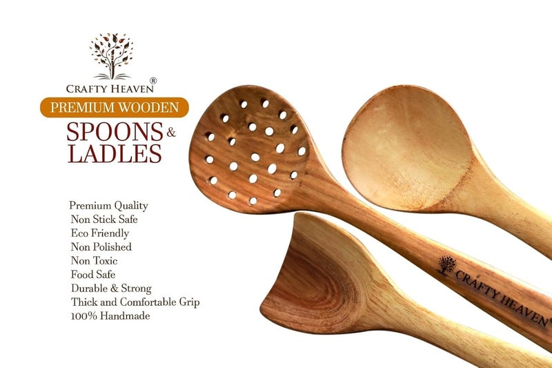 CRAFTY HEAVEN Wooden Spoon Set for Cooking Natural Neem Wood Lakdi Chamach Set Handmade Kitchen Utensils Include Frying Serving Spatula Chapati Rice Spoons Ideal for Gifting Set of 6 - Image 3