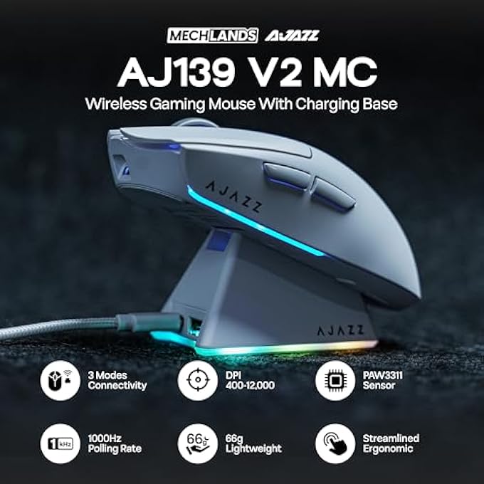 A-jazz AJAZZ AJ139 V2 MC GAMING MOUSE WITH CHARGING BASE, ADJUSTABLE 12,000 DPI, PAW3311 SENSOR, 3 MODES WIRELESS MOUSE, 500MAH BATTERY, 1000 POLLING RATE, 66G LIGHTWEIGHT, WIN/MAC (WHITE) - Image 2