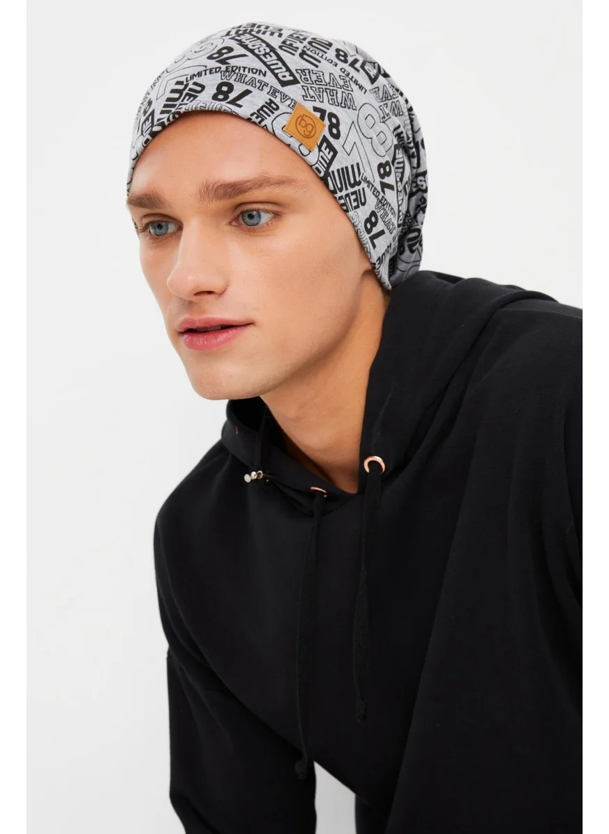 Butikgiz Men's Gray Patterned 4-Season Cotton Flexible Ultra Soft Lightweight Anti-Sweat String Cotton Hat