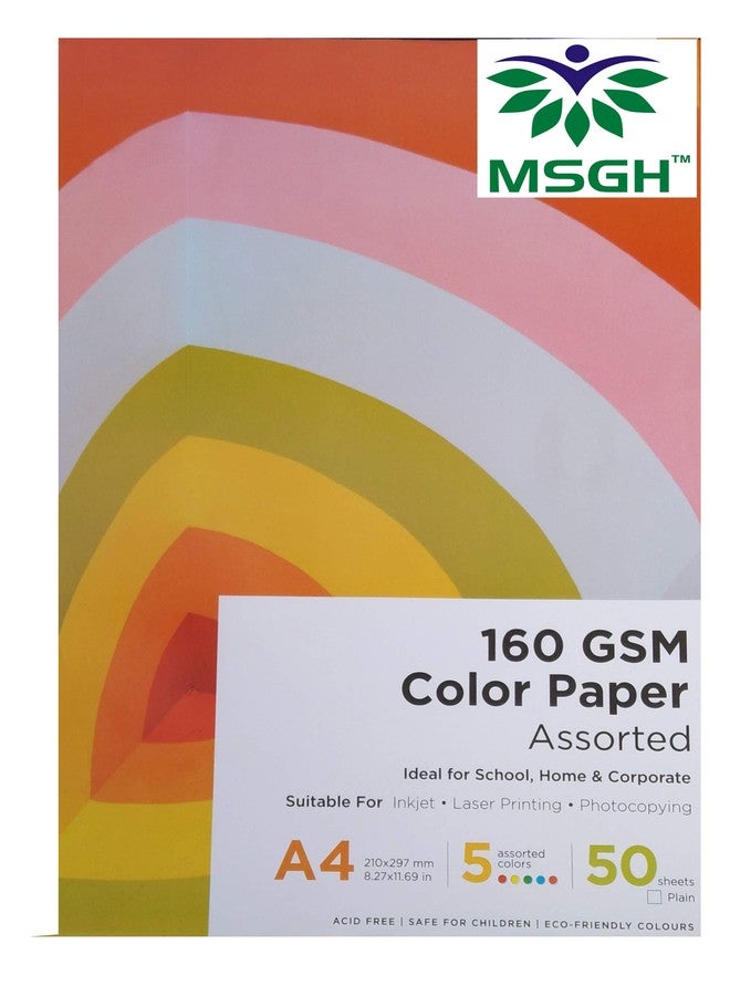 MSGH Multicolor A4 Pastel Color Paper Sutable For Art & Craft/Ideal School/Laser Printing - 50 Sheets. 5 Colour, 160 GSM, Both Side Color - Image 3