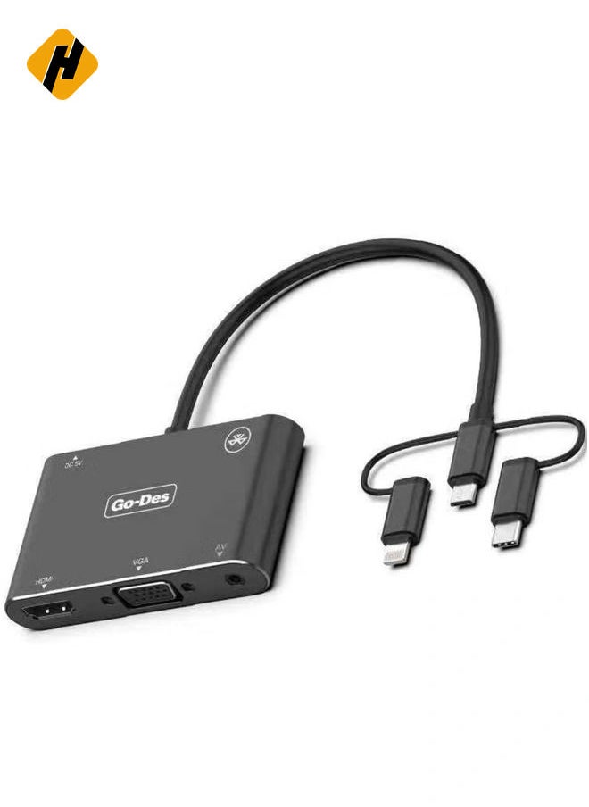 HuHa - 5-in-1 Mobile HD Screen Player Adapter GD-8762 – USB-C, Lightning, Micro USB to HDTV, VGA, AV Adapter for Seamless Screen Mirroring - Image 1