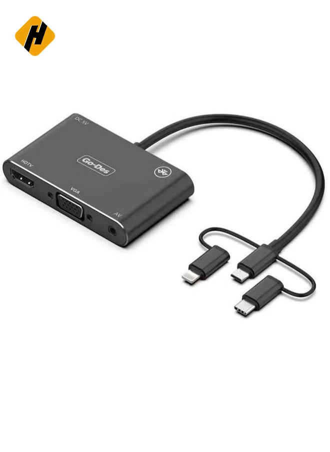 HuHa - 5-in-1 Mobile HD Screen Player Adapter GD-8762 – USB-C, Lightning, Micro USB to HDTV, VGA, AV Adapter for Seamless Screen Mirroring - Image 1