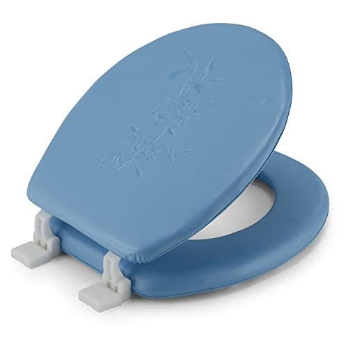 J&V Textiles Embroidered Soft Round Toilet Seat With Easy Clean & Change Hinge, Padded (Light Blue) - Image 1
