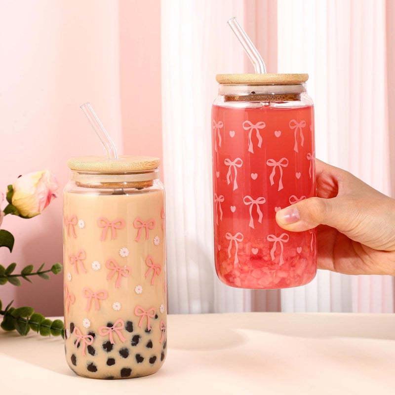 NatNarr 2 Pcs Coquette Pink Bow Glasses Cups, 16oz Cute Bow Glass Cups with Lid Brush and Straw Aesthetic Iced Coffee Cup, Girly Preppy Design Glasses Drinking for Teen Girls Women Men Kids Gift Trendy Stuff - Image 4