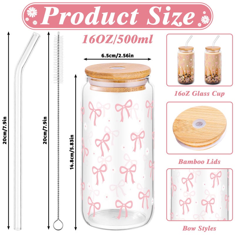 NatNarr 2 Pcs Coquette Pink Bow Glasses Cups, 16oz Cute Bow Glass Cups with Lid Brush and Straw Aesthetic Iced Coffee Cup, Girly Preppy Design Glasses Drinking for Teen Girls Women Men Kids Gift Trendy Stuff - Image 2