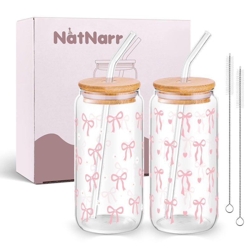 NatNarr 2 Pcs Coquette Pink Bow Glasses Cups, 16oz Cute Bow Glass Cups with Lid Brush and Straw Aesthetic Iced Coffee Cup, Girly Preppy Design Glasses Drinking for Teen Girls Women Men Kids Gift Trendy Stuff - Image 1