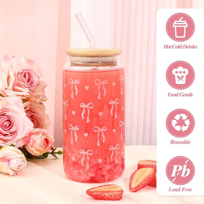 NatNarr 2 Pcs Coquette Pink Bow Glasses Cups, 16oz Cute Bow Glass Cups with Lid Brush and Straw Aesthetic Iced Coffee Cup, Girly Preppy Design Glasses Drinking for Teen Girls Women Men Kids Gift Trendy Stuff - Image 3