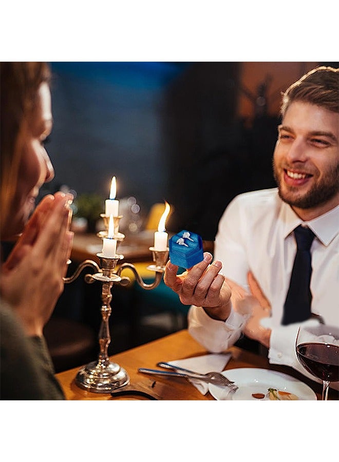 HY Velvet 2 Slots Jewelry Ring Box, Hexagon Premium Gorgeous Vintage Double Ring Gift Box with Detachable Lid for Wedding Ceremony Proposal Engagement (Peacock-Blue) - Image 2